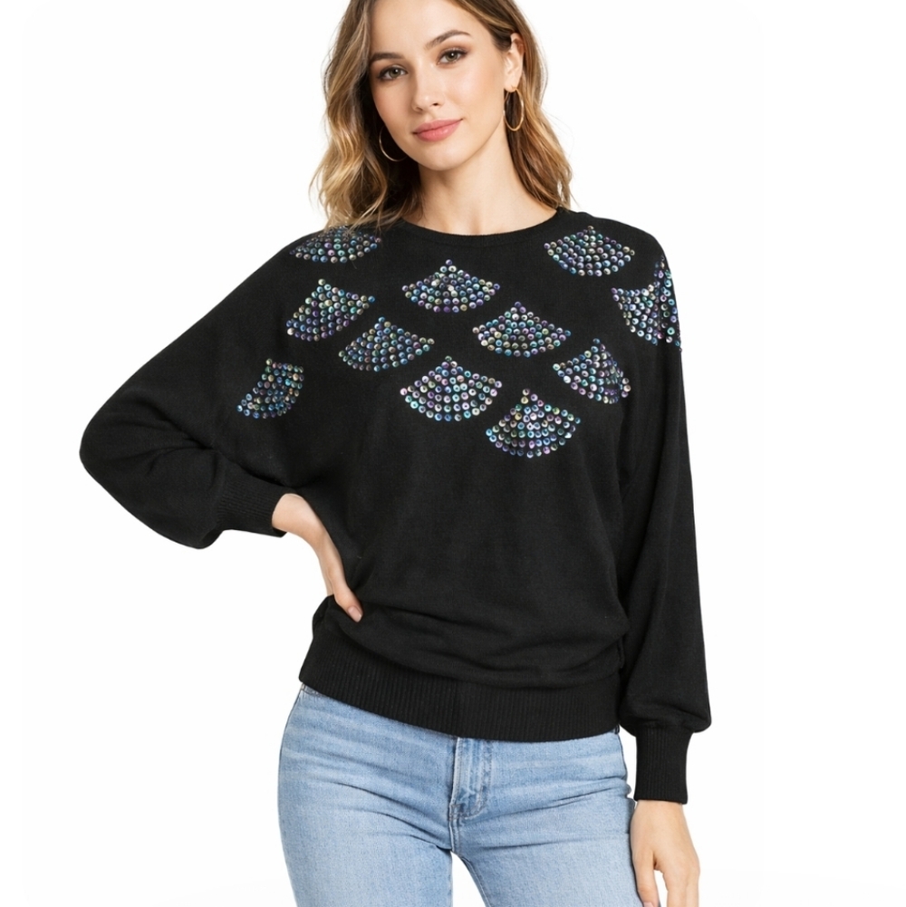 Pristine! Vintage Joyce black sequined shell batwing cinched waist sweater Small